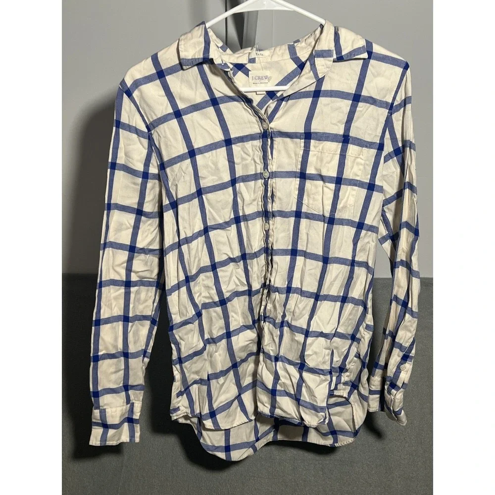 J. Crew Boy Fit Plaid Flannel Shirt Women's Small‎ S Blue White Button Up Top
